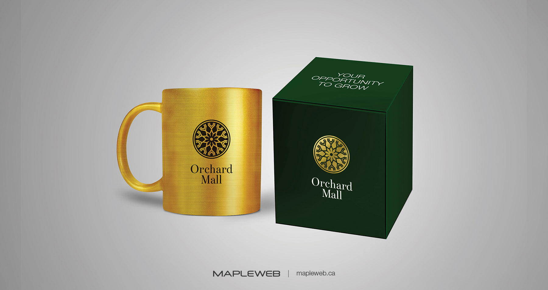 Orchard Mall Brand design by Mapleweb Mug and Box Displaying Logo
