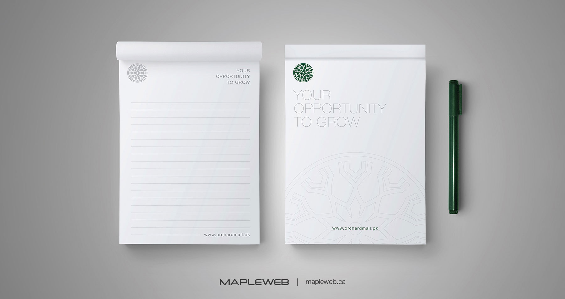 Orchard Mall Notepad and Green Pen Brand design by Mapleweb