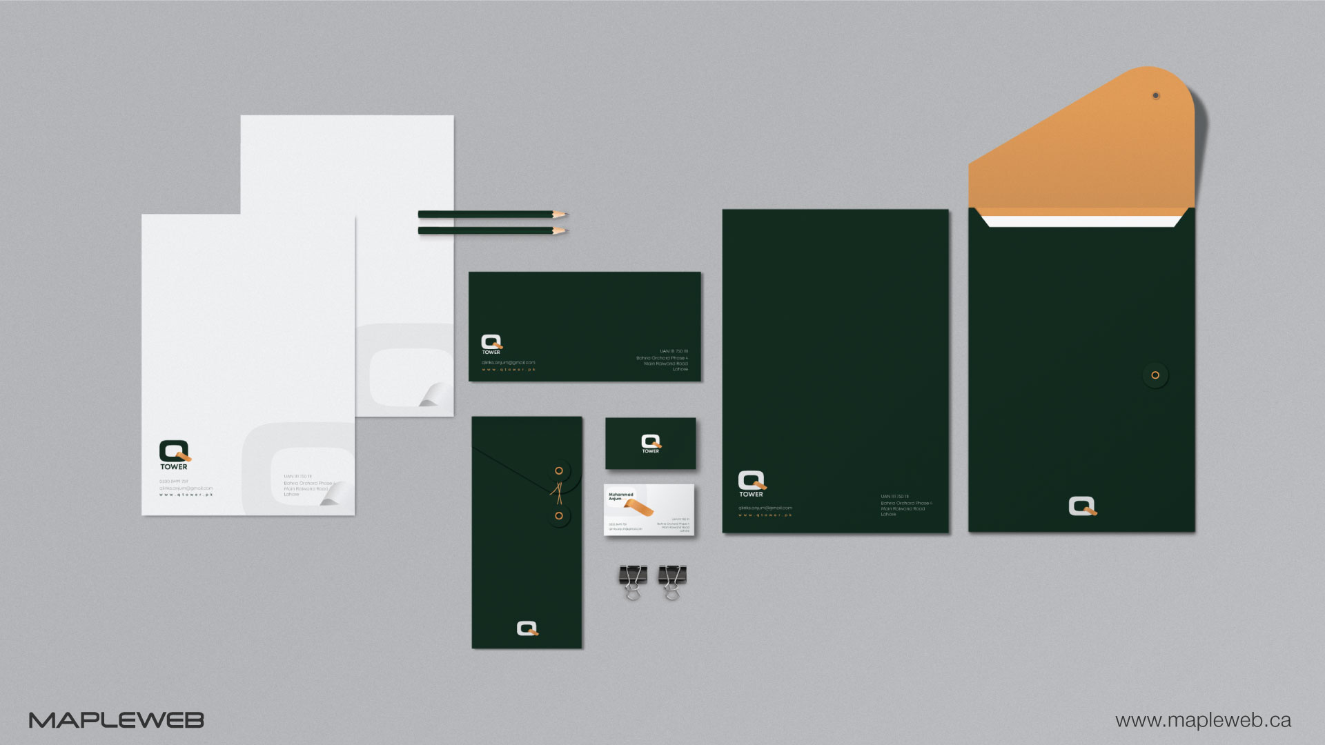 q-tower-brand-logo-design-by-mapleweb-vancouver-canada-green-folder-and-white-paper-mock