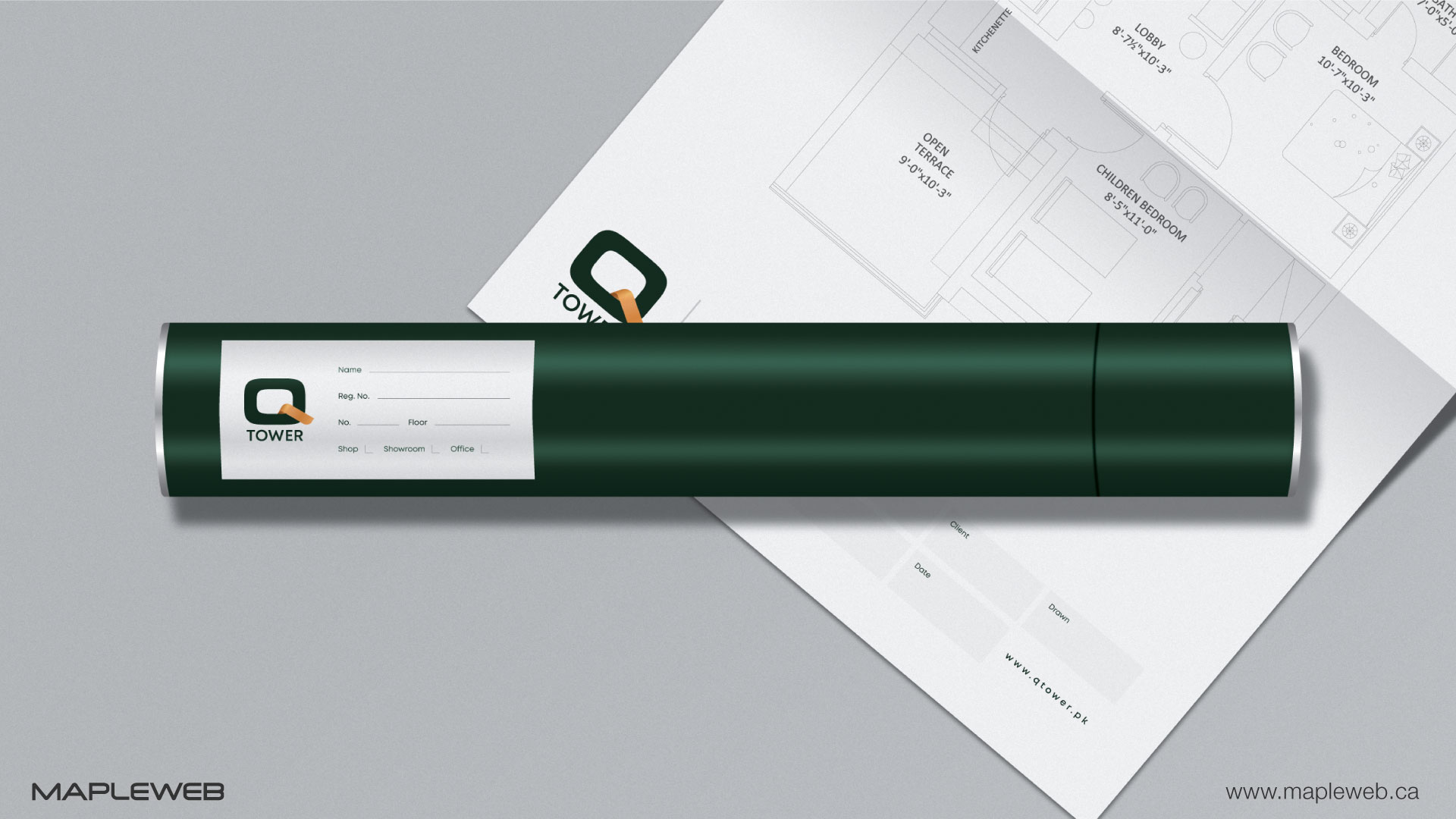 q-tower-brand-logo-design-by-mapleweb-vancouver-canada-green-folding-folder-book-mock