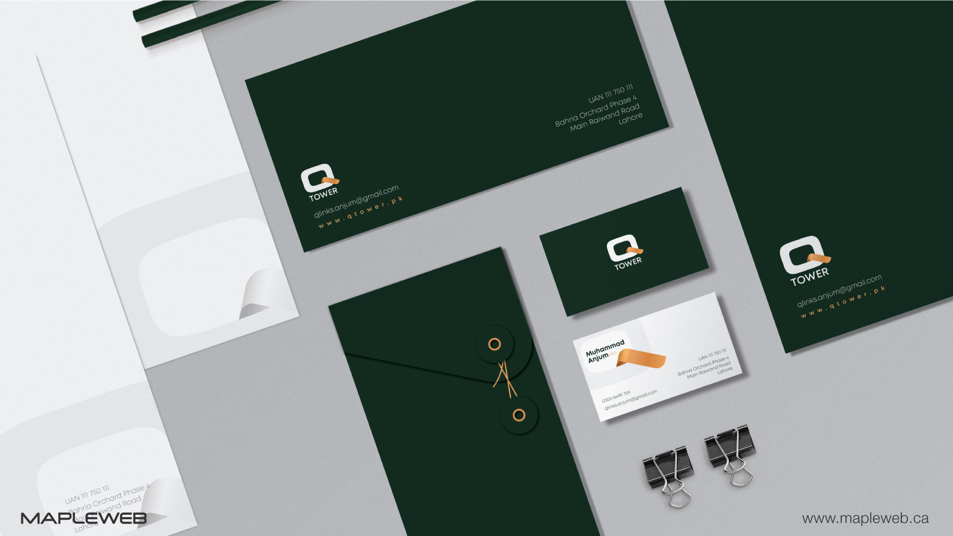 q-tower-brand-logo-design-by-mapleweb-vancouver-canada-green-stationery-mock