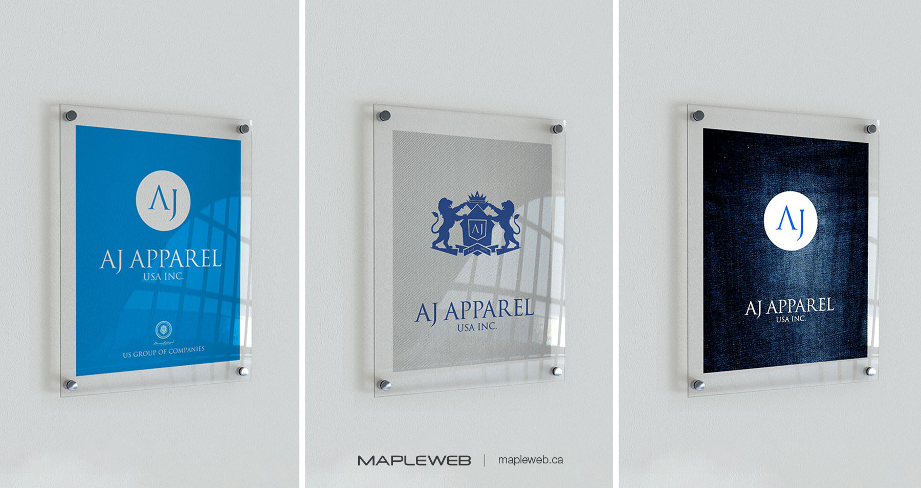 Us Apparel Brand design by Mapleweb Three Sign Glass Displaying Different Colours of Logo