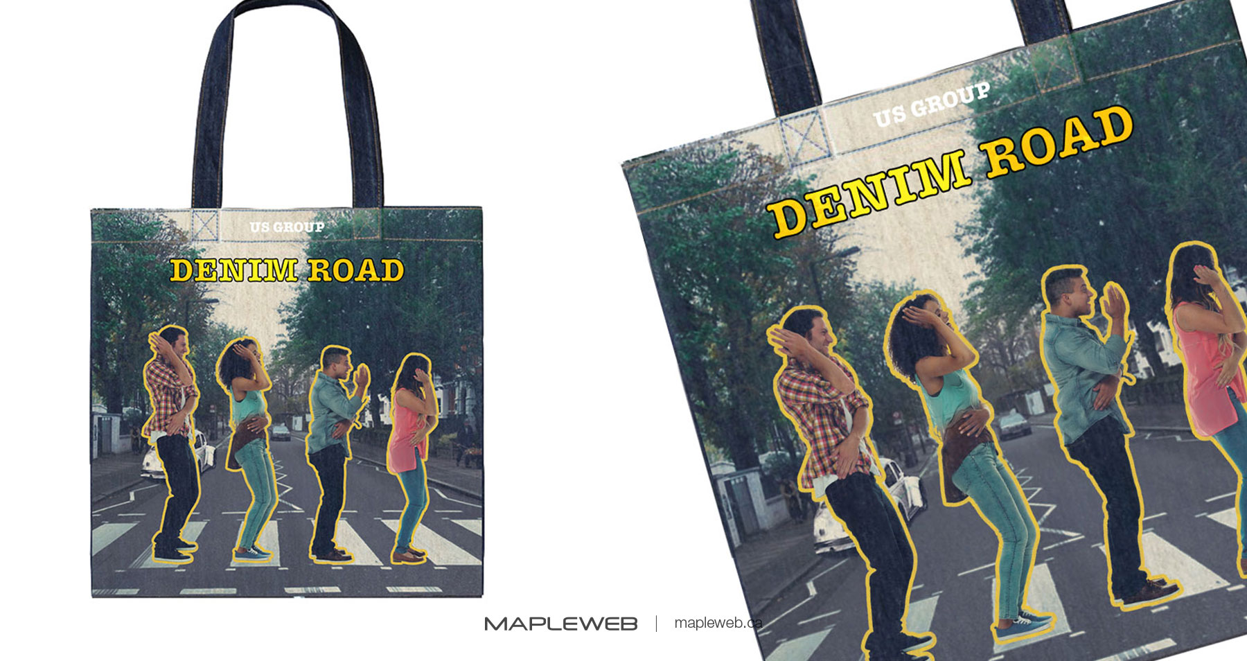 Us Apparel Brand design by Mapleweb Two Shopping Bags Displaying Logo and People Crossing Road